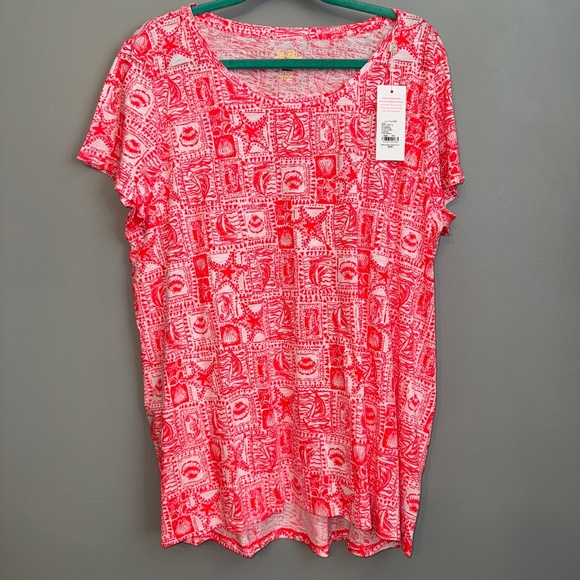 NWT Lilly Pulitzer Etta Scoop Neck Red Mizner Seaside Harbour Tee Size XXL - Picture 2 of 7